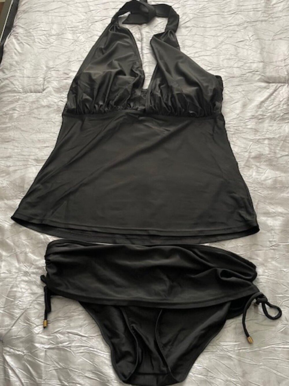 Bikini Bay Blk Soft Padded Halter Tankini Top- Elasticized Draw Strng Btm S L